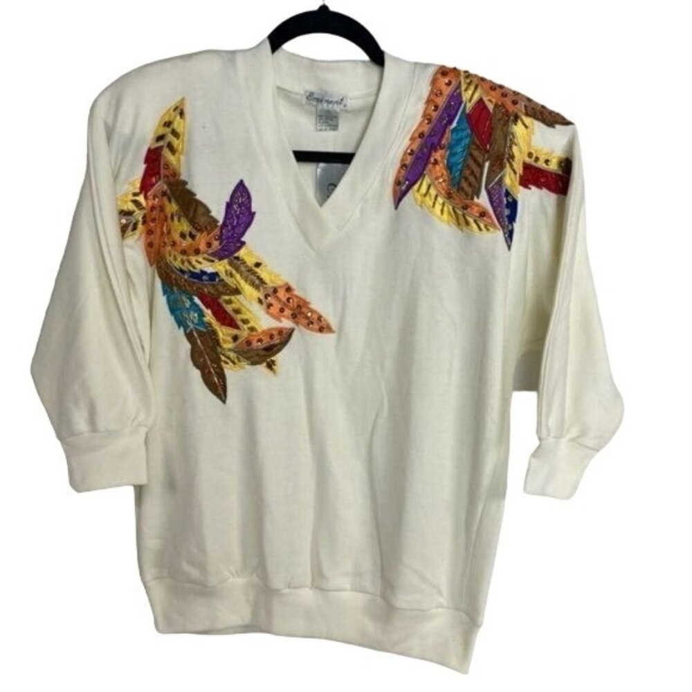Eminent Embellished Top Vintage NWT Feathers Cream 3/4 Sleeve